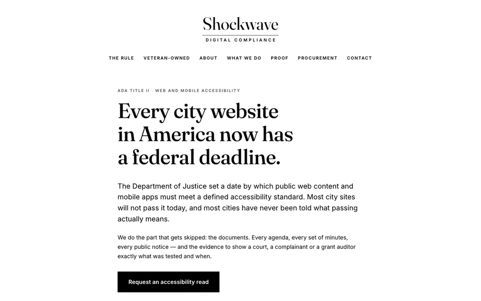 The home page of shockwavedigitalcompliance.com: the headline 'Every city website in America now has a federal deadline.'
